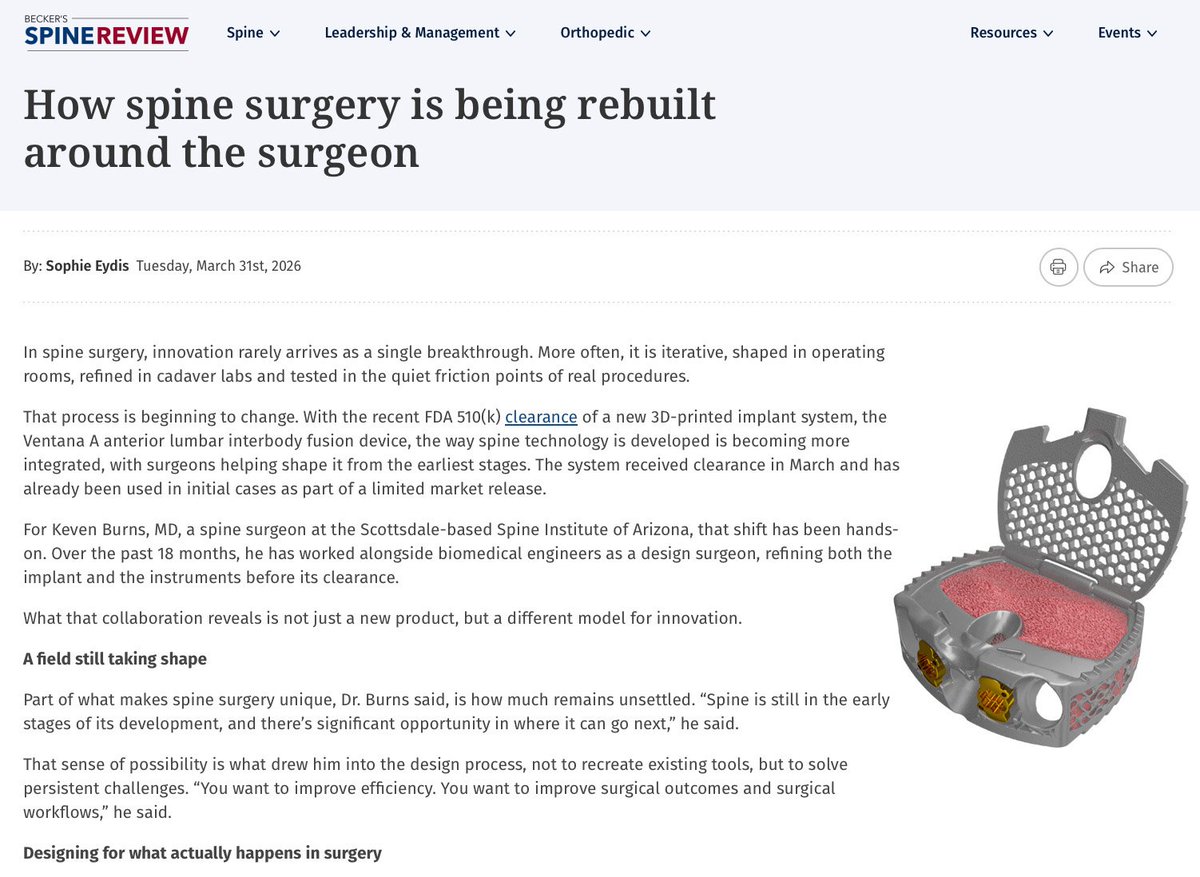SpinalElements's tweet photo. At Spinal Elements, our surgeon partners are key to developing solutions to unfulfilled patient and surgeon needs. Our team is honored to collaborate with surgeons like Keven Burns, MD from early concept generation, into clinical applications. Full article https://t.co/RaJOPxPdDu https://t.co/j3EpbOaZ9J