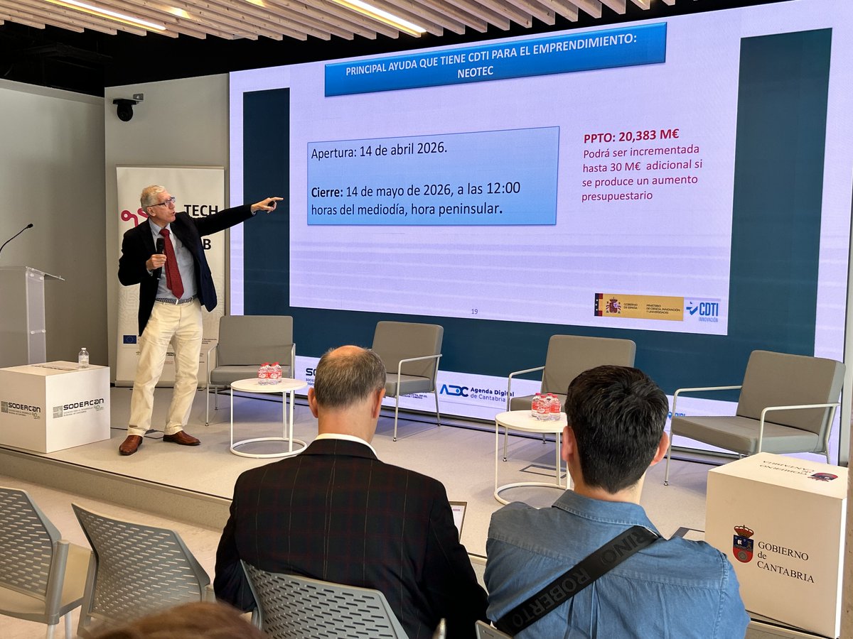 Sodercan's tweet image. 🚀 #NEOTEC 2026: hasta 325.000 € a fondo perdido para #startups tecnológicas

Hoy junto a @CDTI_innovacion hemos trabajado sus claves:

📅 14 abril–14 mayo
🔬 Proyectos de I+D+i y tecnología propia
⚡ Financiación sin avales
📊 Presupuesto +20M€

➕info: sodercan.es/sodercan-y-cdt…