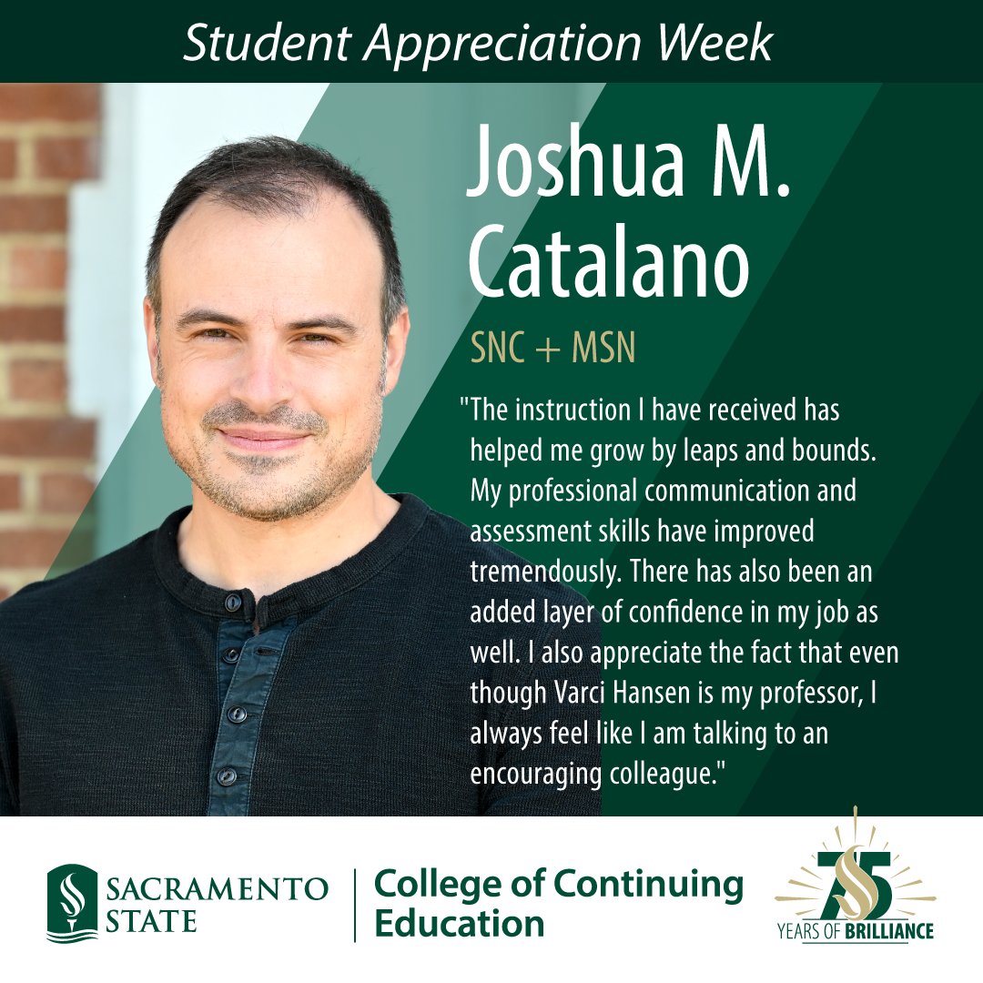 SacStateCCE's tweet photo. Joshua M. Catalano 🎓
School Nurse Credential + MSN
"…helped me grow by leaps and bounds."
#GradStudentAppreciation #SacStateCCE https://t.co/IPBkgL2aII