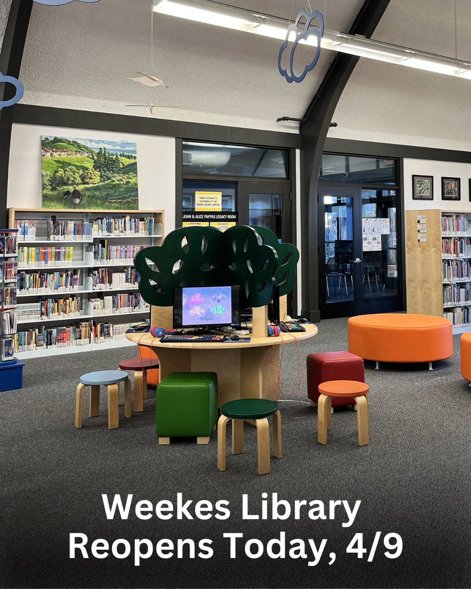 HaywardLibrary's tweet photo. The Weekes Library reopens today, April 9 with regular operational hours. Thank you for all of your patience and support while we worked on getting the library back open. We'll see you soon! https://t.co/K0xc8mhc1h