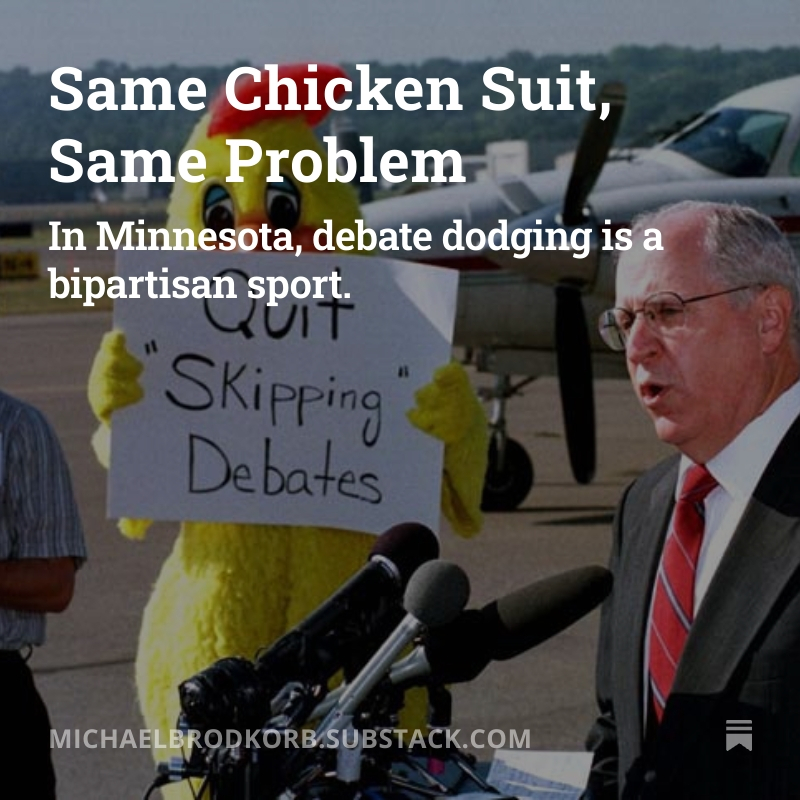 UPDATE: Michele Tafoya declined an invitation to participate in tomorrow's statewide candidate forum hosted by the Republican Party of Minnesota's Elephant Club, according to sources. 

I wrote about candidates dodging events in my latest Substack post -> 