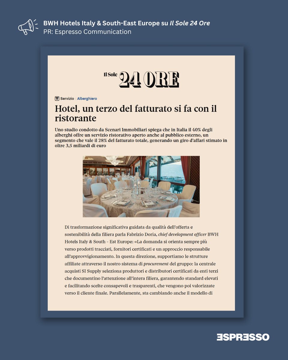 Hotel, <a href="/sole24ore/">IlSole24ORE</a> dedica un approfondimento a tema ristorazione nell’hotellerie che integra un’intervista a Fabrizio Doria, Chief Development Officer di #BWHotels Italy &amp; South-East Europe: ilsole24ore.com/art/hotel-terz….
.
PR: <a href="/espressocommpr/">Espresso Communication</a> 
.
#pr #mediarelations #hotellerie