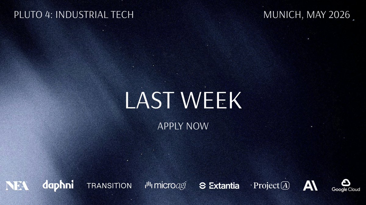 joinplutohouse's tweet photo. Last week to apply to @joinplutohouse industrial tech house in Munich. 

15 founders, 1 week, 0 cost, 0 equity, world-class mentors, max talent density. 

Apply now: https://t.co/9cRl7eyH9j https://t.co/uKBbPBh9G0