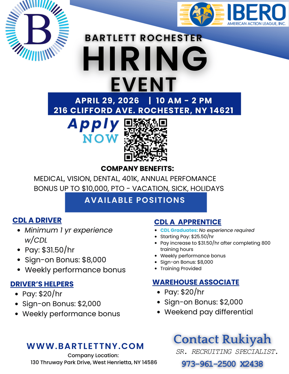 IberoRoc's tweet photo. Join us at the Bartlett Rochester Hiring Event and take the next step in your career!

📅 April 29, 2026
⏰ 10 AM – 2 PM
📍 216 Clifford Ave, Rochester, NY

📲 Apply now using the QR code or visit: https://t.co/TLJEFurrN1

#HiringEvent #WarehouseJobs #CDLJobs #RochesterNY https://t.co/RKS30vN2jk