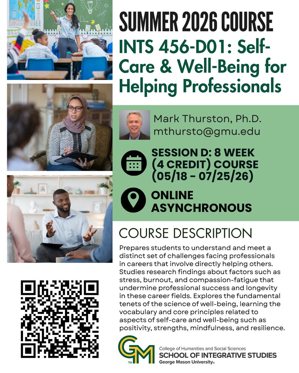 SIS_Mason's tweet image. Check out this Summer 2026 course! 𝐈𝐍𝐓𝐒 𝟒𝟓𝟔-𝐃𝟎𝟏: 𝐒𝐞𝐥𝐟-𝐂𝐚𝐫𝐞 &amp;amp; 𝐖𝐞𝐥𝐥-𝐁𝐞𝐢𝐧𝐠 𝐟𝐨𝐫 𝐇𝐞𝐥𝐩𝐢𝐧𝐠 𝐏𝐫𝐨𝐟𝐞𝐬𝐬𝐢𝐨𝐧𝐚𝐥𝐬 integrative.gmu.edu/courses/ints45… #SelfCareandWellbeing #HelpingProfessionals #INTS #summercourse