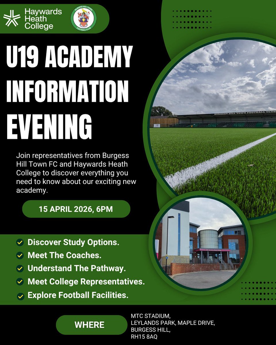 BHTFC_Pathway's tweet photo. 📅 Date: 15th April
📍 Location: Burgess Hill Town FC ⏰ Time: 6PM

Come along to meet the coaches, learn about our programme, and take your first step towards the next level.

⚽ Your pathway starts here.

#BHTFC #AcademyFootball #NextGen #FootballPathway #U19 https://t.co/Wd3zAe9lHJ