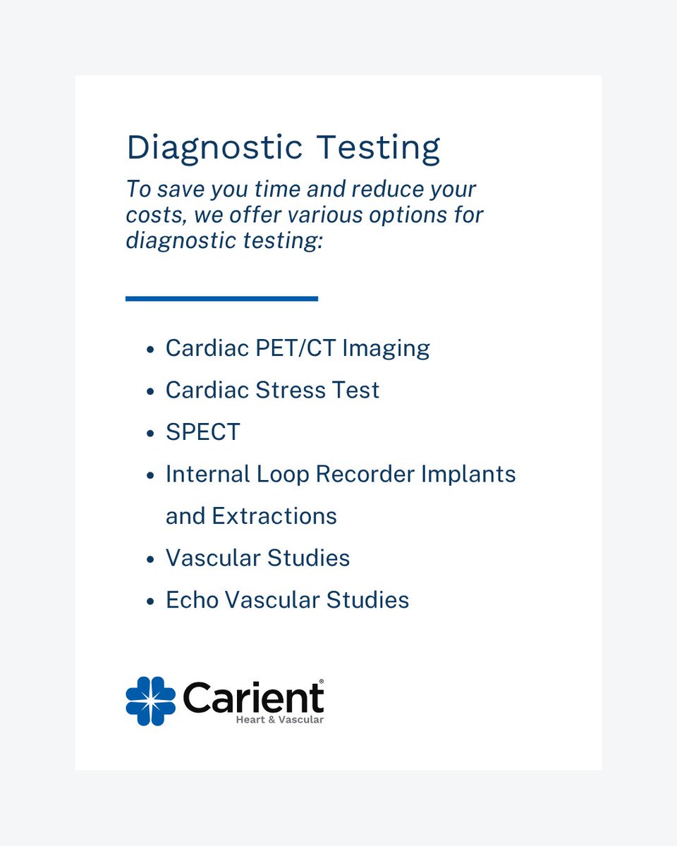 carientva's tweet photo. Save time and streamline your care with in-office diagnostic testing. From cardiac imaging and stress tests to vascular studies and loop recorder procedures, we offer advanced testing options all in one place. Learn more: https://t.co/eA2KTFa6Ub https://t.co/qR154u4W1U