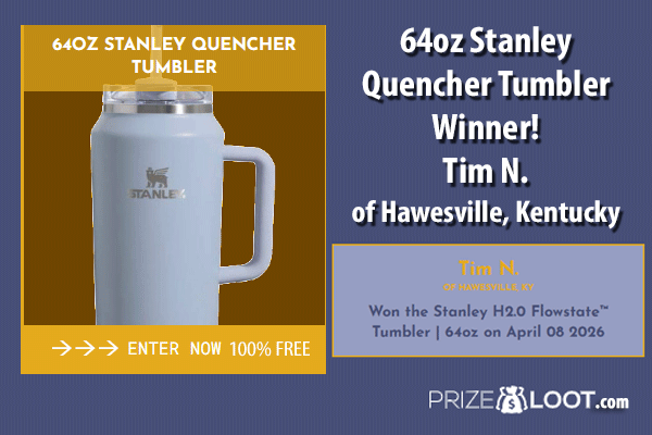 Prizeloot's tweet photo. 🏆Tim N. of Hawesville, Kentucky, is our lucky #winner of the Stanley H2.0 Flowstate™   64oz Tumbler on April 8, 2026!🥤

✔️Get your FREE ENTRIES to #win up to $499,999 with PrizeLoot: https://t.co/dJRWsqISSF https://t.co/73cCOILCLY
