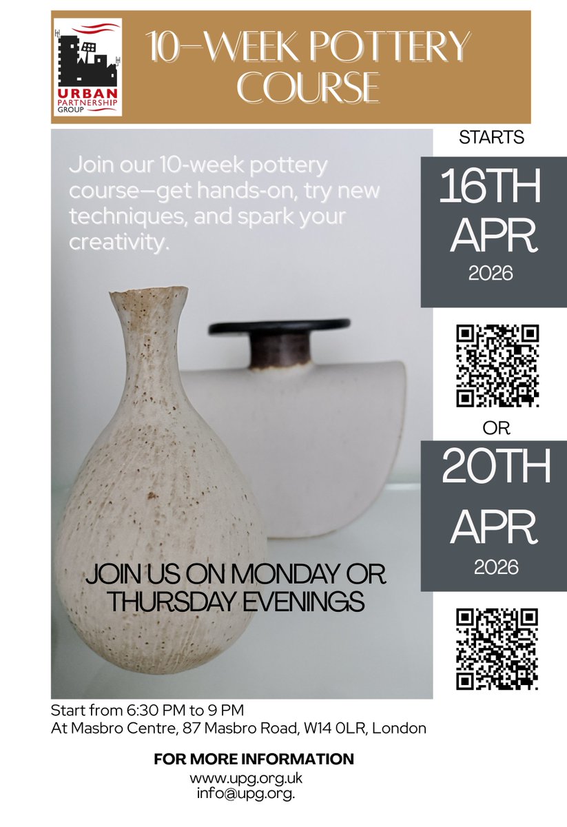 MasbroCentre's tweet photo. Want to explore your #creative side 🎨? Why not try this pottery course😊
Start the 16th or the 20th. Explore your creativity in a fun environment, taught by friendly professionals.
More information here
info@upg.org.uk

#art #pottery #adultlearning #creativity #fun #westlondon https://t.co/BAaE52Su6w