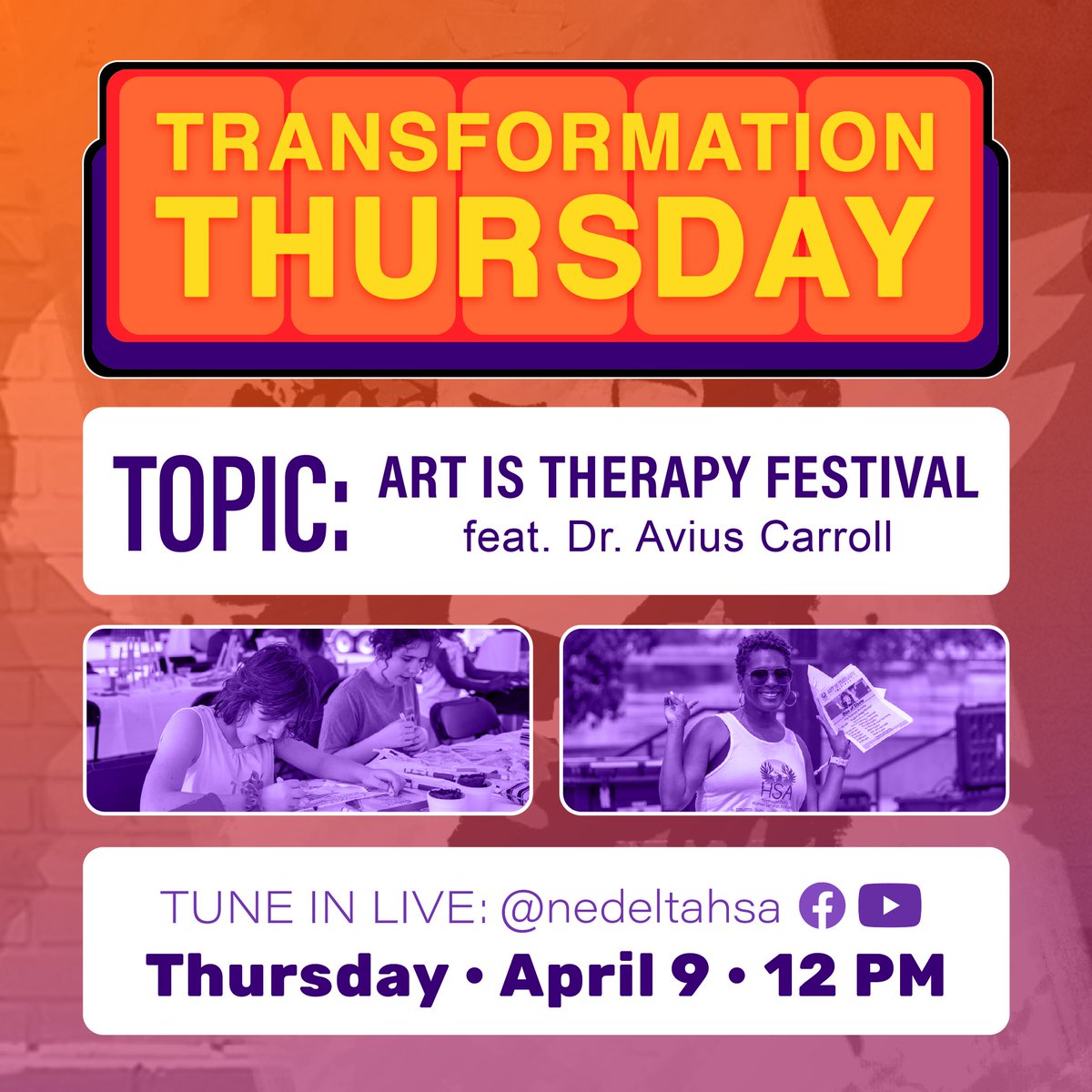 NEDeltaHSA's tweet image. Join #HSA at noon for a special episode of #TransformationThursday. We're talking with Dr. Avius Carroll of our #Prevention &amp;amp; Wellness Department about this Saturday's #ArtIsTherapy Festival. Tune in on HSA's Facebook or YouTube!