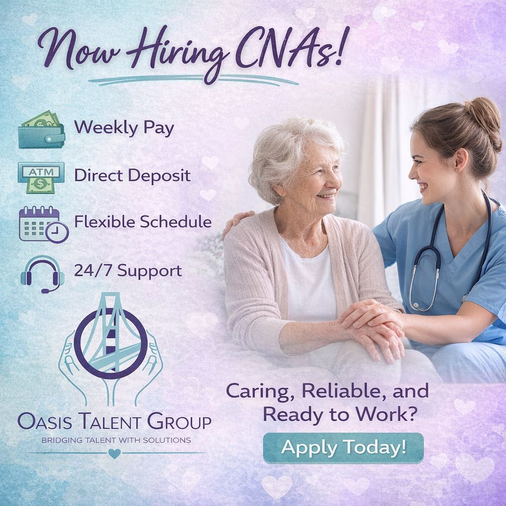 OTGTalent's tweet image. Now hiring caring and reliable CNAs. Join Oasis Talent Group for flexible opportunities, weekly pay, direct deposit, and 24/7 support.

#NowHiring #CNAs #OasisTalentGroup #HealthcareJobs