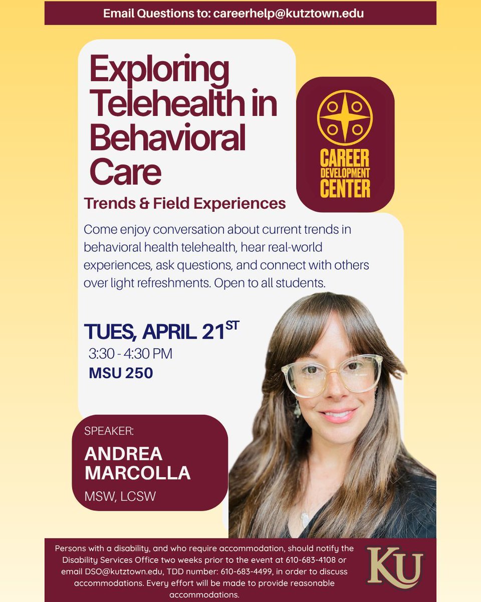 On-campus speaker session open to students of all majors and anyone interested in learning more about behavioral health and the implementation of telehealth. 👩‍⚕️ 👩‍💻