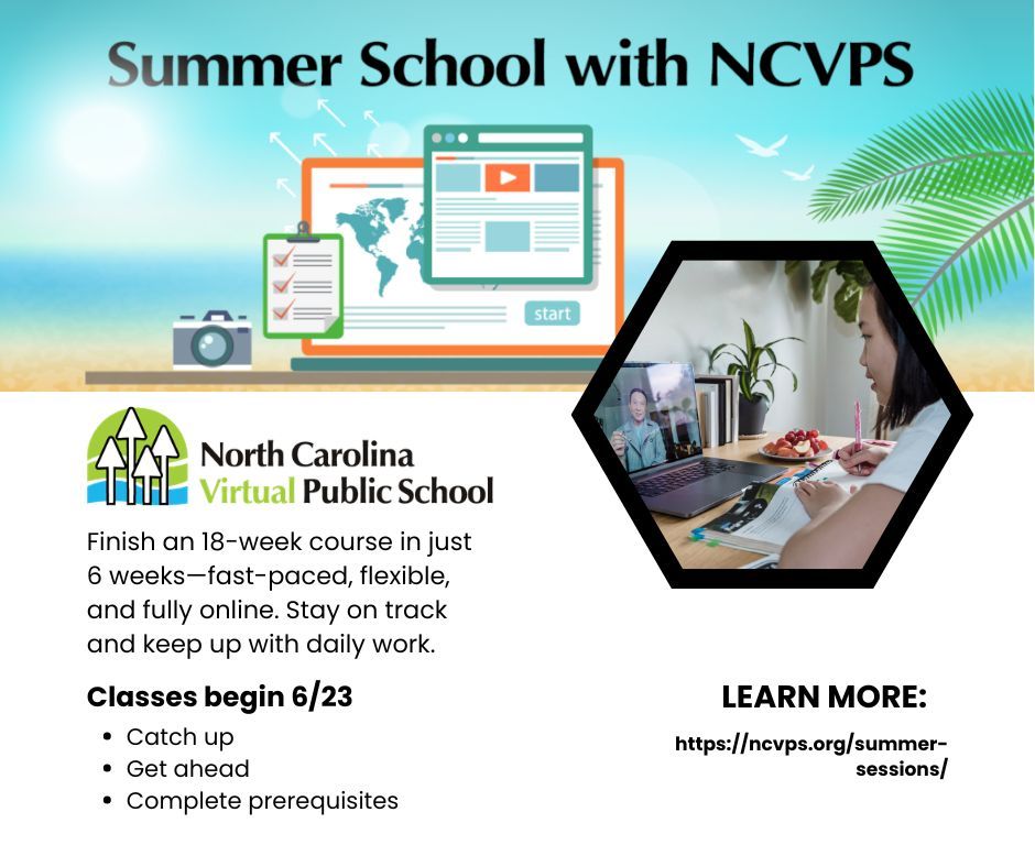 ncvps's tweet image. Students love NCVPS Summer Session! 🌞 
Catch up, complete prerequisites, and get ahead—all from the comfort of home. 

#NCVPS #SummerSession #OnlineLearning #WeAreNCVPS