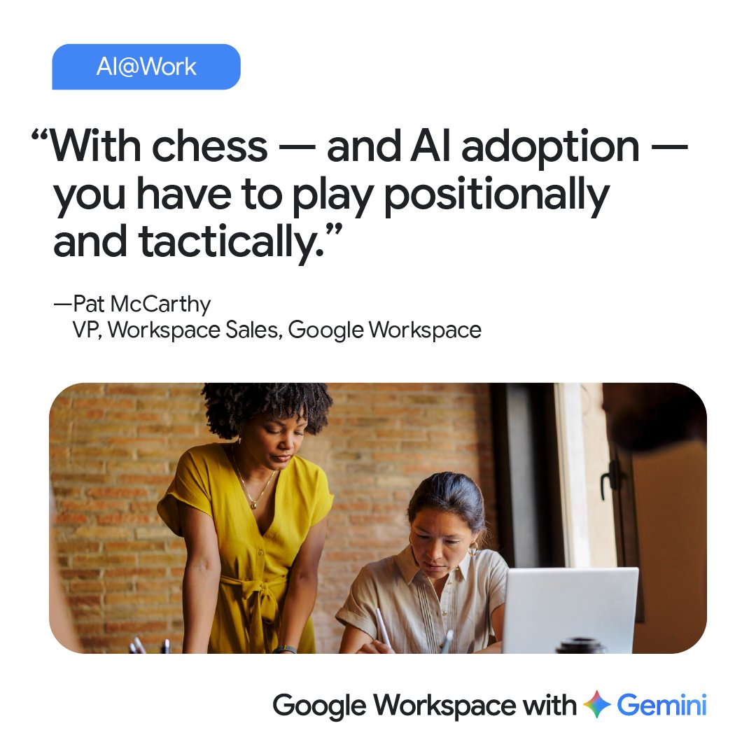 GoogleWorkspace's tweet image. After AI beat humans at chess, the game only got better 💪. Learn what this classic strategy game can teach leaders about AI transformation. → goo.gle/3PXKurc
