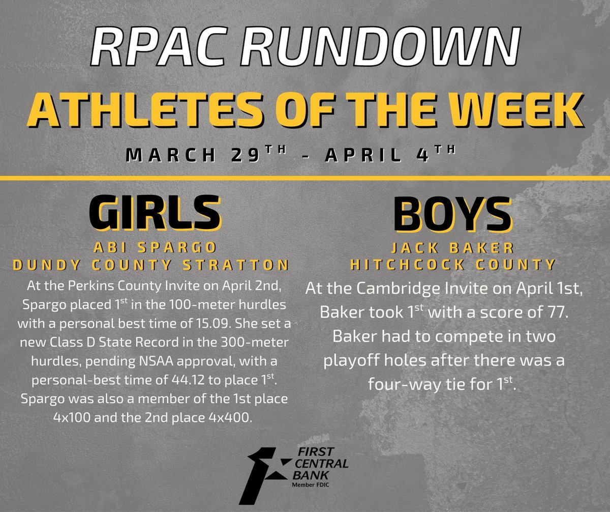 ⚫️🟡 Congratulations to our Athletes of the Week for the week of March 29th - April 4th, brought to you by First Central Bank/First Central Bank McCook 🟡⚫️

Check out the previous winners here:
rpacrundown.com/post/2026-spri…

#rpacrundown