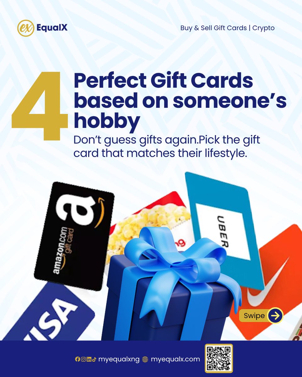 Myequalxng's tweet photo. Stop guessing, start gifting! 🎁 Whether they love music, travel, or tech, there’s a card for that. And if you ever receive a card you don't need, EqualX is the best app to convert giftcard to cash so you can buy exactly what you want.

#giftcardtocash #giftcardapp https://t.co/TZ0o5mg1XU