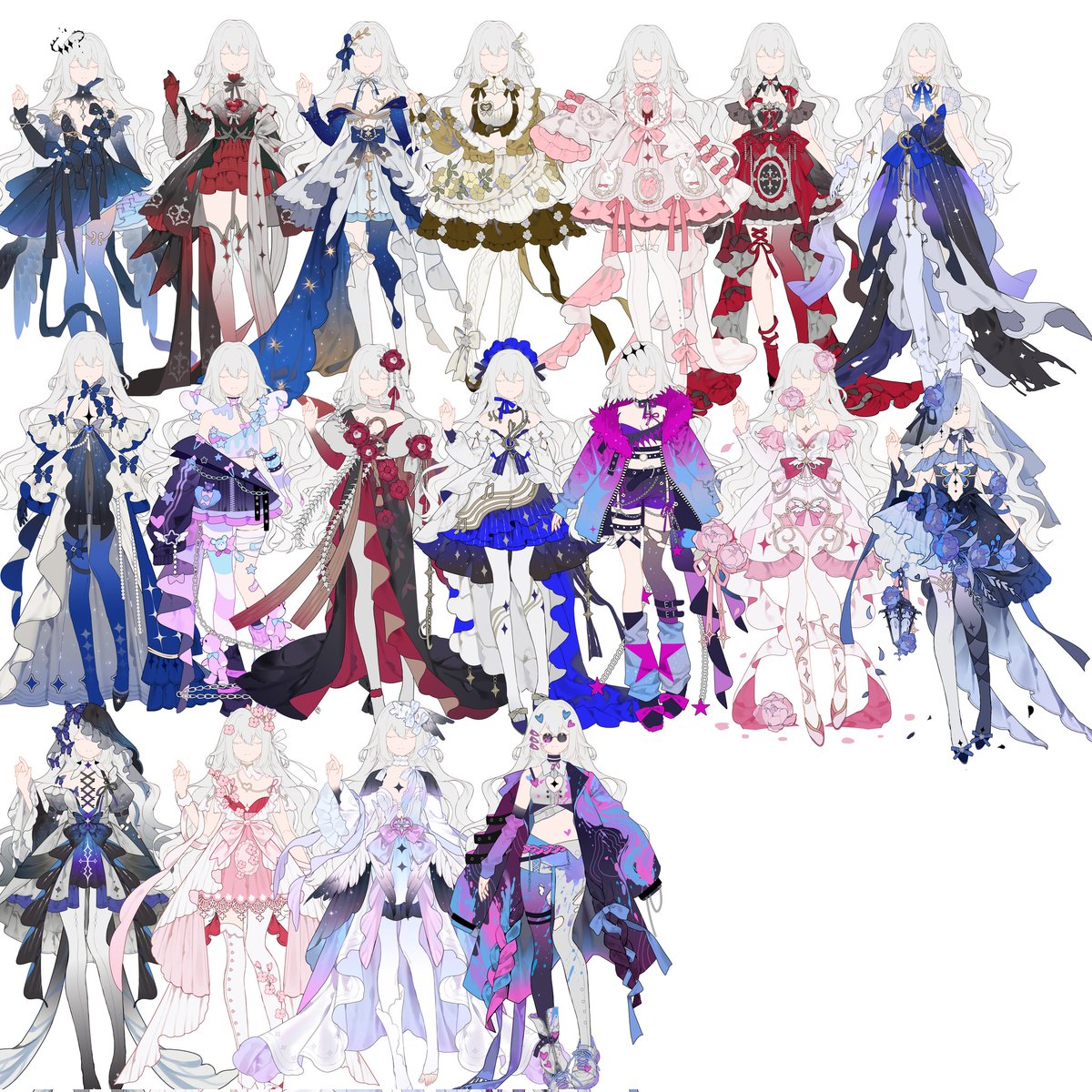 Designs I made so far 🥹 i will continue the outfits next week QwQ very busy this month orz I want to add more outfits ><

#vtuber #adoptables #design