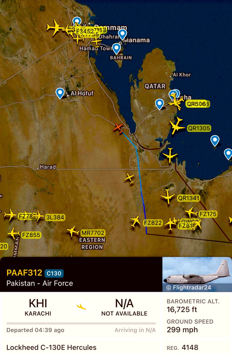 MonitorPak's tweet photo. Multiple Pakistan Air Force C130 aircrafts spotted above Saudi Arabia. Preparations for the negotiations are underway across many sectors. https://t.co/hMxdBBXytX