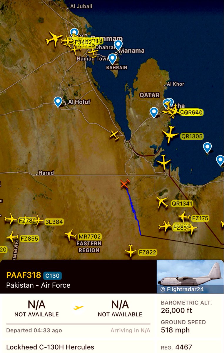 MonitorPak's tweet photo. Multiple Pakistan Air Force C130 aircrafts spotted above Saudi Arabia. Preparations for the negotiations are underway across many sectors. https://t.co/hMxdBBXytX