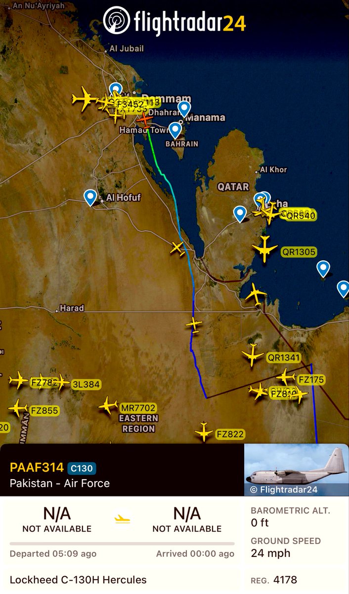 MonitorPak's tweet photo. Multiple Pakistan Air Force C130 aircrafts spotted above Saudi Arabia. Preparations for the negotiations are underway across many sectors. https://t.co/hMxdBBXytX