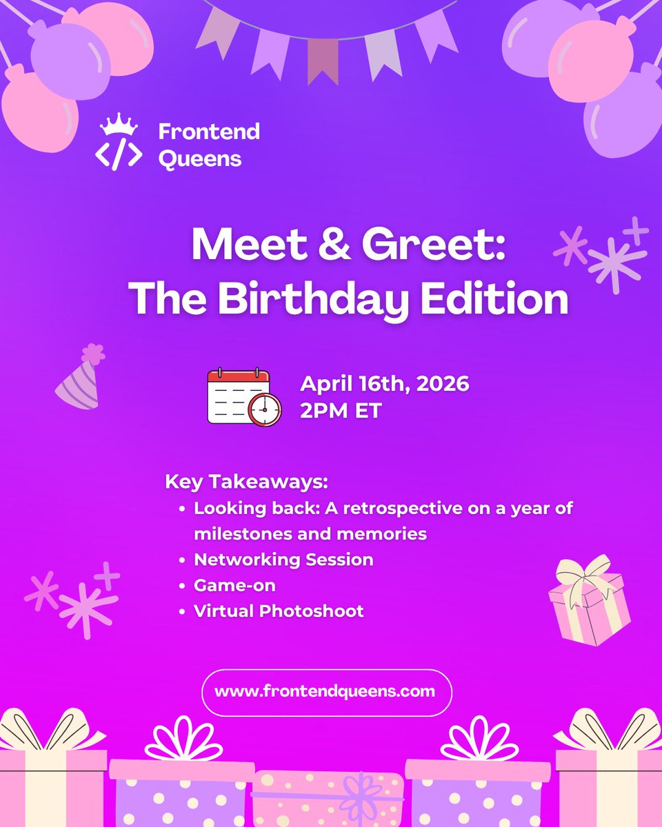 FrontEndQueens's tweet photo. 🎉 Frontend Queens turns 2!

Join our Meet &amp; Greet to celebrate our journey, community, and milestones 💜

📅 April 16, 2026
⏰ 2PM ET
🔗 https://t.co/6kfk5dIVKd
Come celebrate with us 🥳

#FrontendQueens #WomenInTech #TechCommunity https://t.co/GDYtJYvwPd