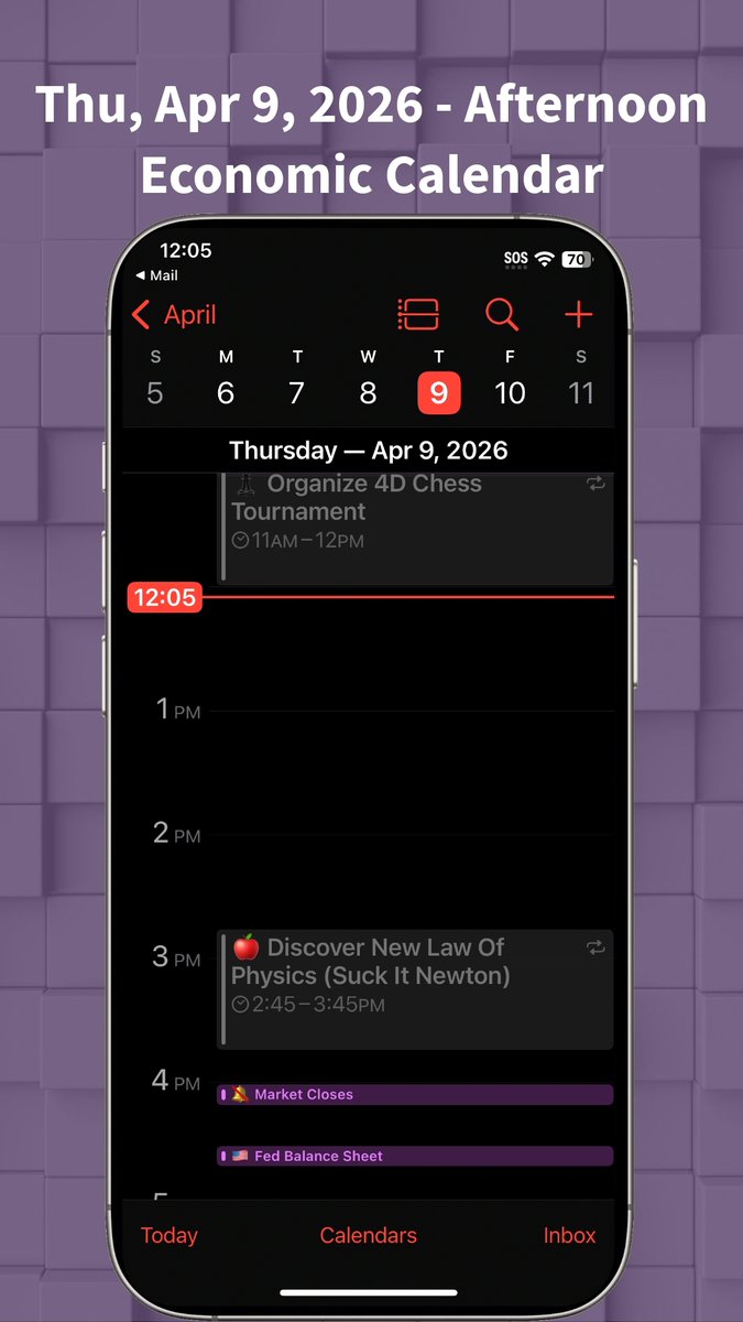TradrCal's tweet photo. How’s it going everybody,

🗓️ The Afternoon Economic Calendar - 04/09/2026

04:00 PM - 🔕 Market Closes

04:30 PM - 🇺🇸 Fed Balance Sheet

_______________
📅 For traders and investors who need to stay ahead, follow @TradrCal for updates on economic report schedules, releases, and market reactions.

Your calendar is about to get smarter. Add the economic calendar right into your phones calendar.

🔗 Learn more here: https://t.co/4XYAqMKgvw