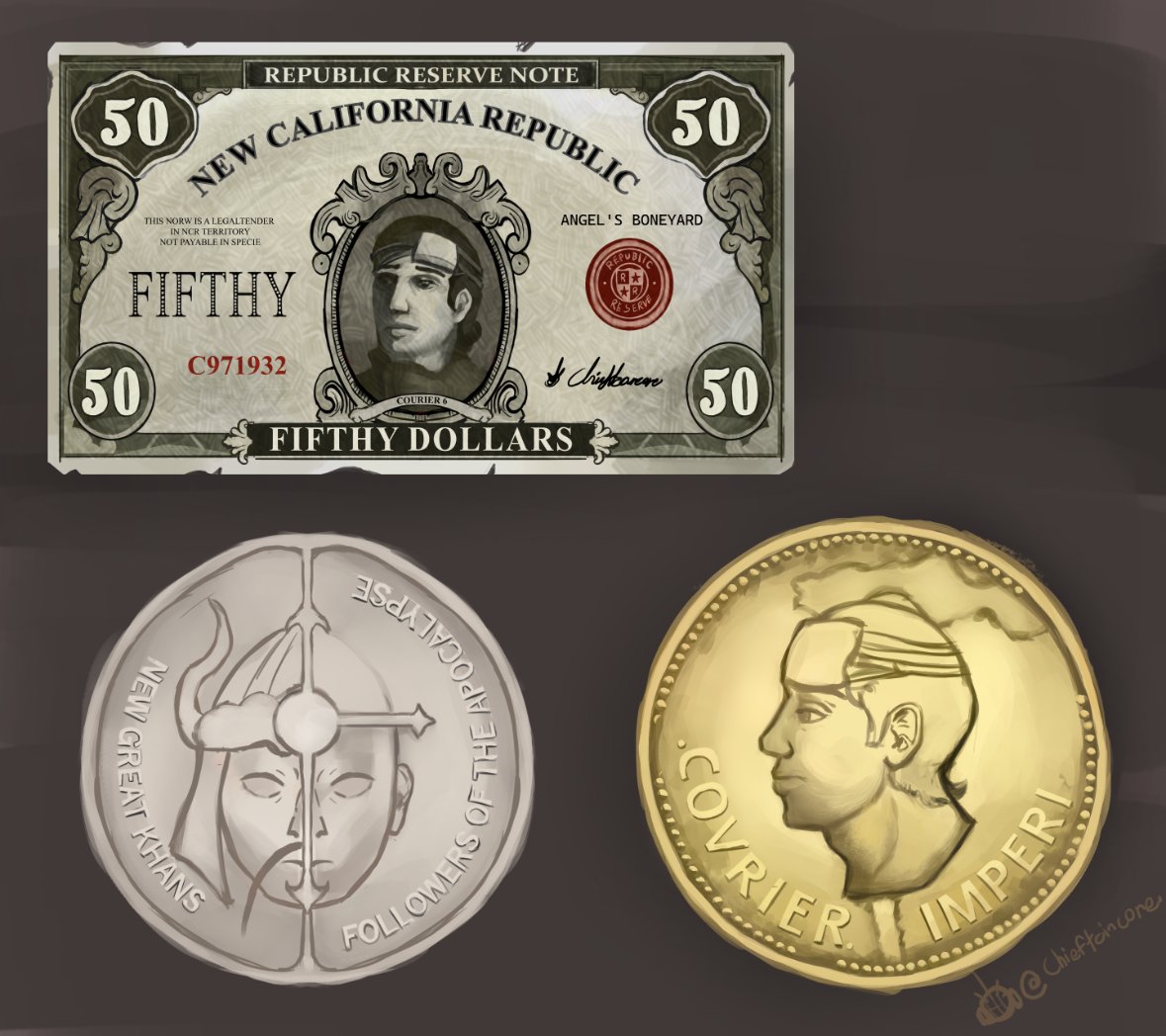 Fallout alternative currency gang :
NCR, Ceaser's Legion Khans/FOTA fan art.

#fallout #fnv #newvegas