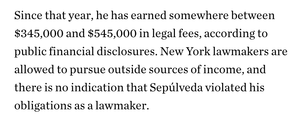ChristRobbins's tweet photo. @CityLimitsNews And @nysfocus with the brutal one-two combo of this lede and the financial disclosures showing how much money the senator is making via his law practice (a lot!)

https://t.co/bKbYwrpcBn https://t.co/QUNDVy0mlo