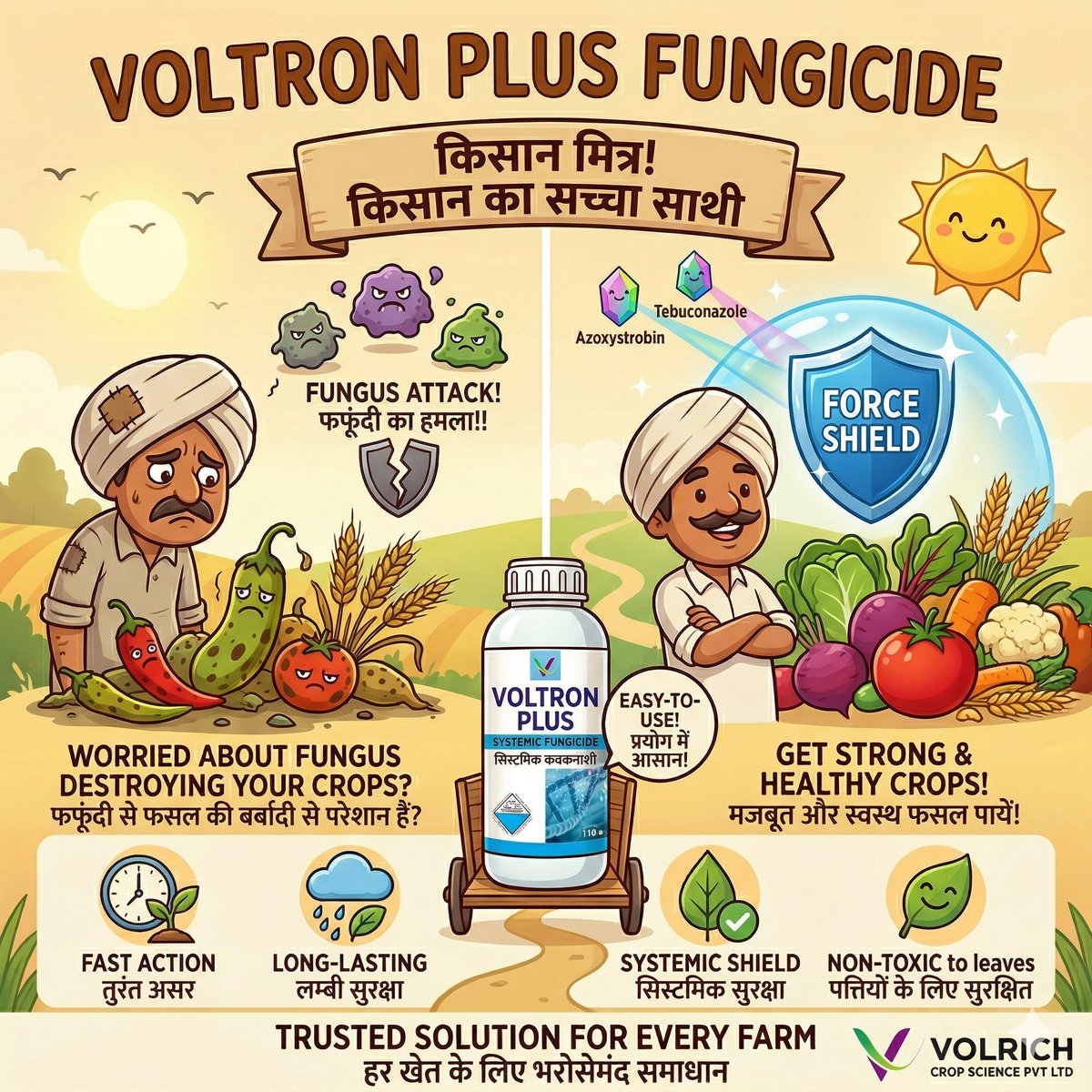 Volrich_2023's tweet image. Fungus attacking your crops? 😨

Protect them with VOLTRON PLUS 💪
⚡ Fast action
🛡 Long-lasting shield
🌱 Healthy crops
#CropProtection #Farming #AgriIndia #protection