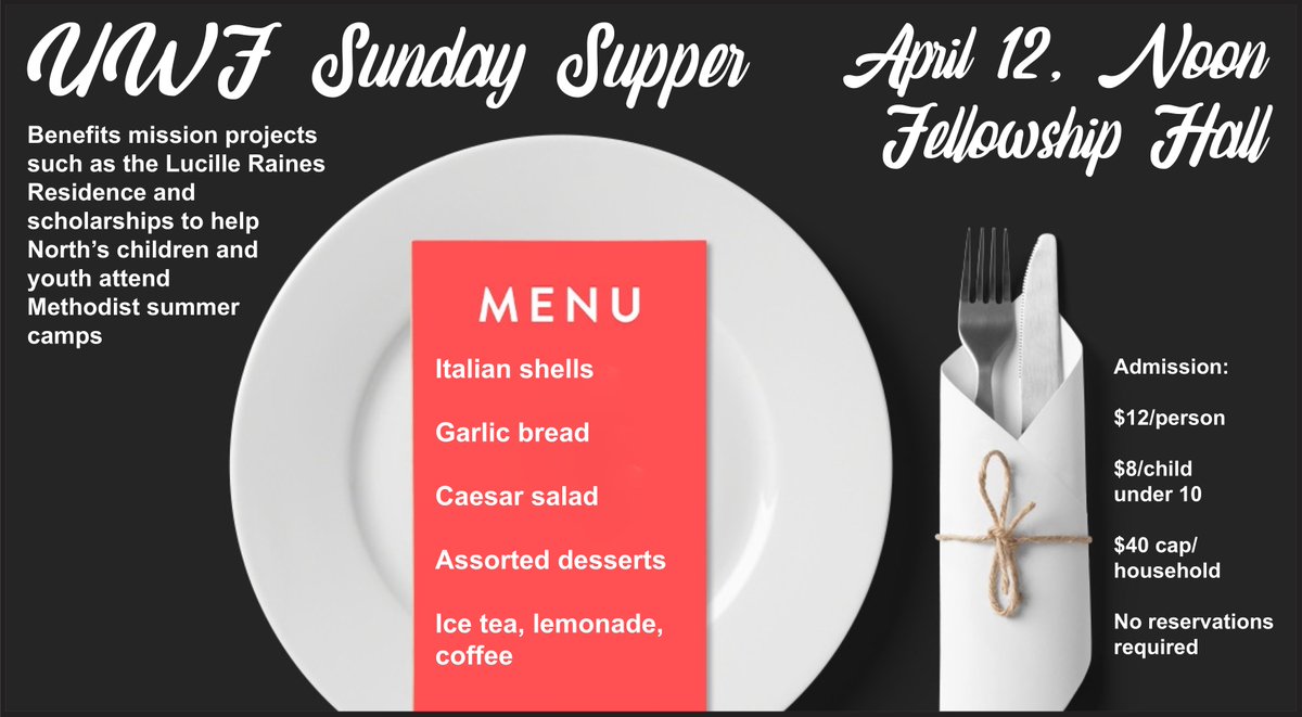 Enjoy a tasty lunch AND help a great cause at our UWFaith's Sunday Supper at noon this Sunday in Fellowship Hall!