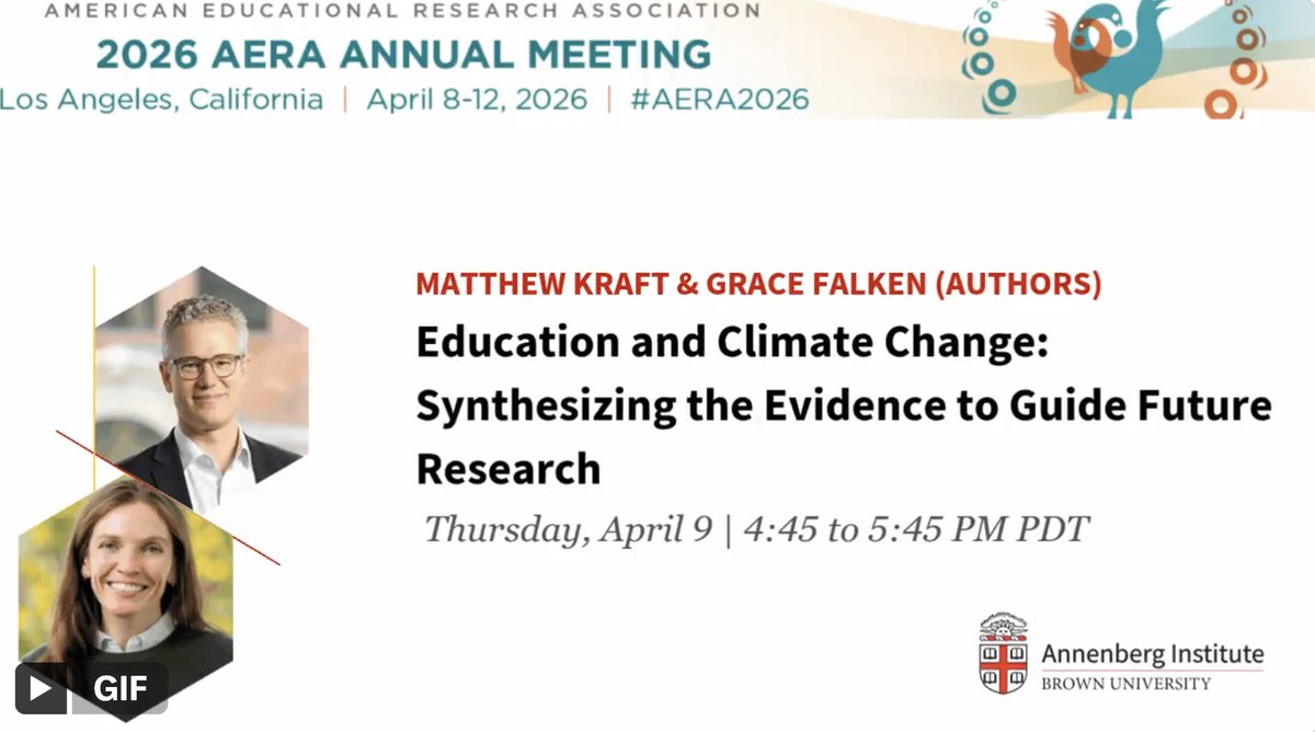 MatthewAKraft's tweet image. Join me at @AERA_EdResearch #AERA2026 for an amazing panel on "Schooling in the Anthropocene: Research Perspectives and Policy Priorities"

Today @ 4:15 to 5:45pm PDT
Convention Center, Floor: Level Two, Room 306B

I'll present our recent working paper:
edworkingpapers.com/ai25-1238