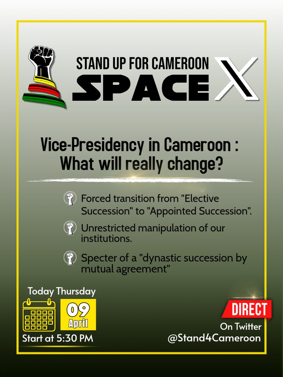 Stand4Cameroon's tweet photo. What will the Vice-Presidency actually do for the Biya regime? We'll be discussing this in a few minutes on today's SUFC-Space.

https://t.co/8GHODrtBDy

#StandUpForCameroon https://t.co/34txWlOJLY