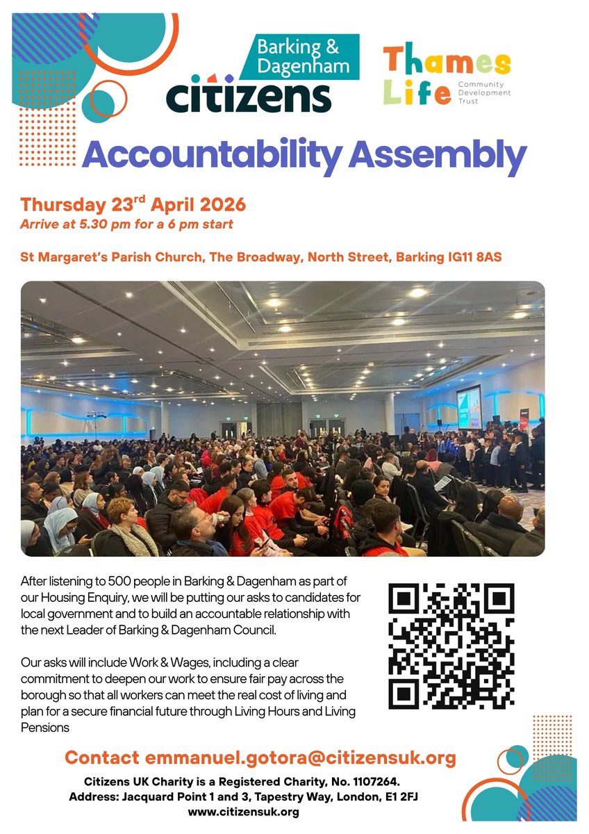thameslifecdt's tweet photo. Mark your calendars for Barking &amp; Dagenham Citizens Accountability Assembly, which unites local organisations and residents to form a Citizens Assembly, making collective asks of leaders and improving the borough.
#LBBD #Housingjustice #accountabilty https://t.co/AHNqfYAmdl
