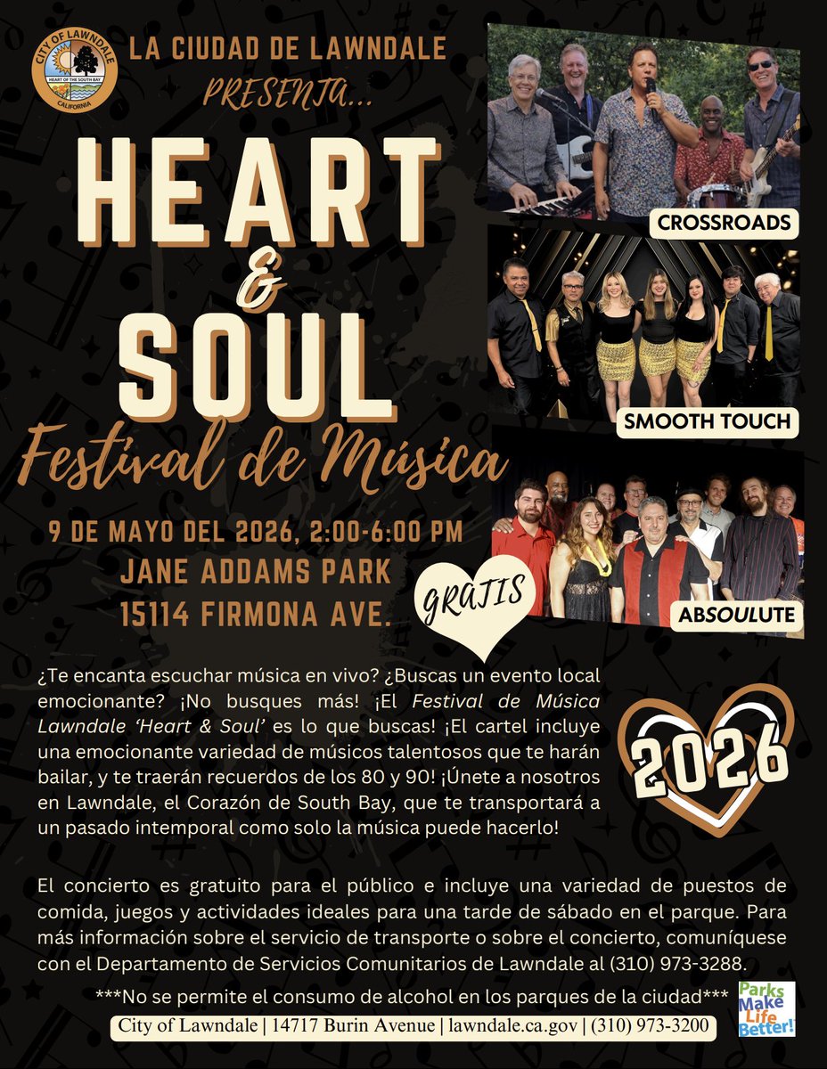 May 9th is our annual Heart and Soul Music Festival! Join us at Jane Addams Park for an exciting lineup of talented artists poised to deliver groovy music from the 80's and 90's and more!

** Please note that Alcohol is not allowed on City Parks **