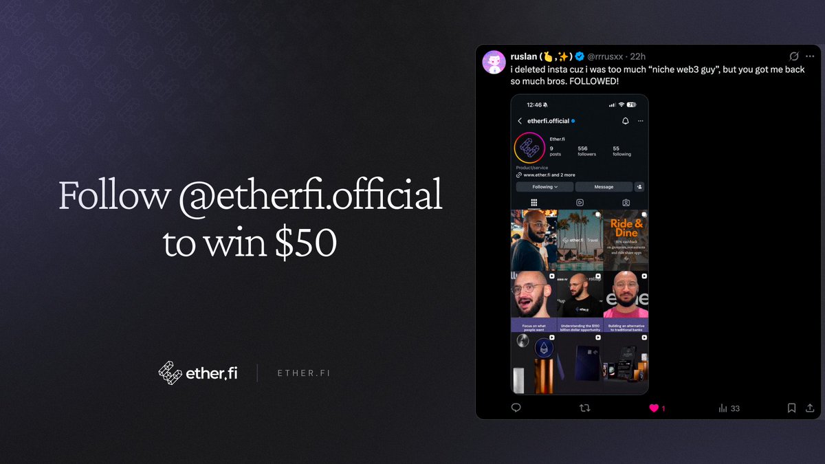 Congrats to <a href="/rrrusxx/">ruslan (🫰,✨)</a> on winning yesterday's prize 🎉

Let's run it back — follow "etherfi.official" on Instagram for another chance to win $50. Link to our instagram account below ↓