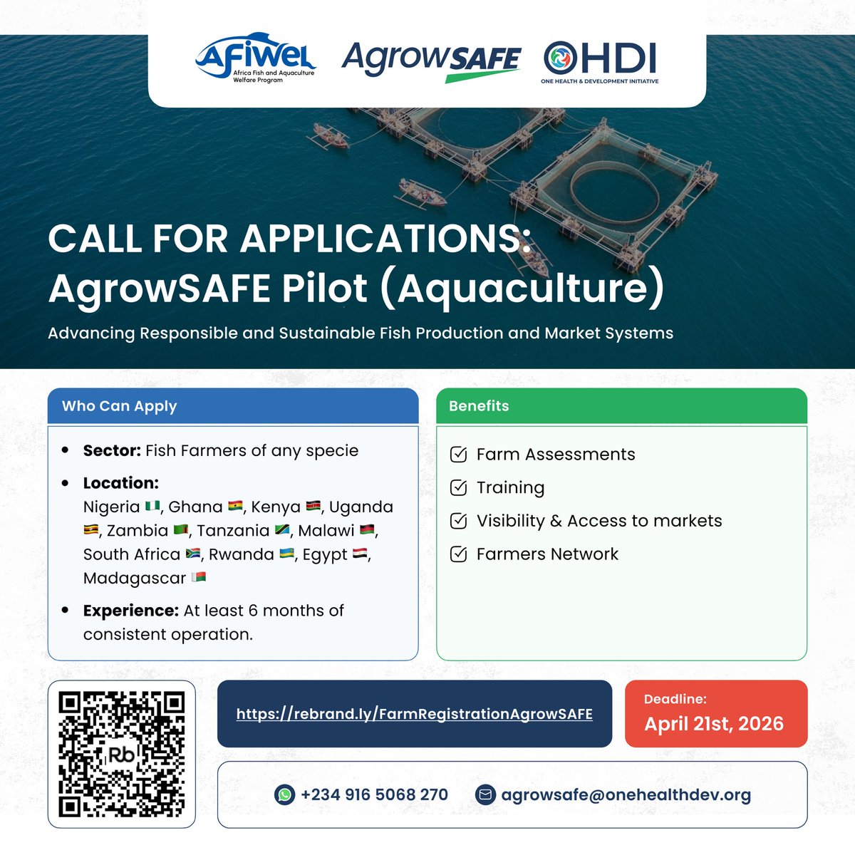 onehealthdev's tweet photo. CALL FOR APPLICATIONS: AgrowSAFE for Aquaculture

Fish farmers in 11 African countries are invited to apply for the AgrowSAFE Pilot under AFIWEL to improve farm practices and market visibility.

Apply by 21 April 2026:
https://t.co/boqWTVYElZ

Learn more: https://t.co/iRP9Dj20kz https://t.co/2HEm8vTfz5