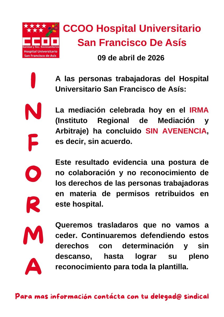 CcooAsis's tweet photo. Compañeras y compañeros,
Queremos informaros sobre la situación actual . La mediación celebrada hoy no ha llegado a un acuerdo, por lo que seguimos reivindicando nuestros permisos retribuidos y derechos laborales.  #ccoononosrendiremos ,#estamoscontigo https://t.co/NPwq2d4LAk