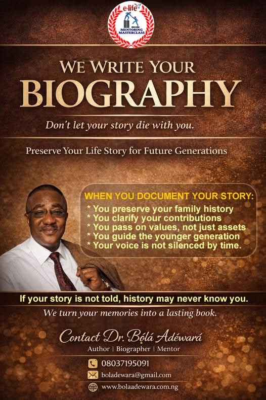 MagazineElife's tweet photo. DON'T LET HISTORY DIE IN YOUR HANDS. Many before us lived deeply but left silently. Their stories vanished, not because they lacked value, but because no one preserved them. Break that cycle!
Let me document yr life &amp; impact as a yr biography. I'm available. Call me 08037195091. https://t.co/HiOLlswxr7