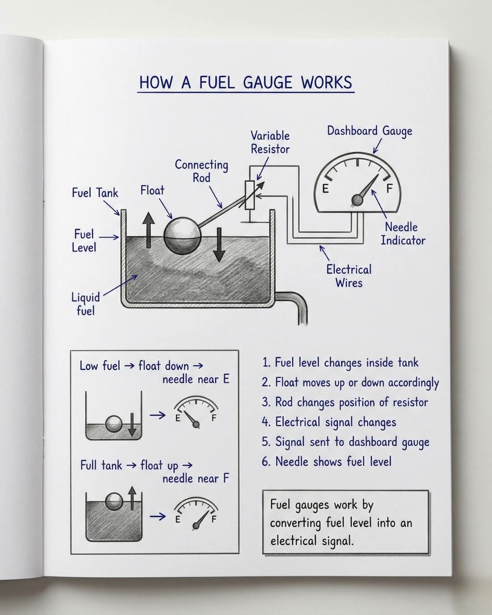 skglearning's tweet image. How a Fuel Gauge Works
This explains how a float and variable resistor convert fuel level into an electrical signal displayed on the dashboard.
#Automobile #FuelGauge #Physics #EngineeringBasics #studysmart