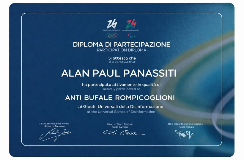 AlanPanassiti's tweet image. Come vedete è semplicissimo fare un diploma di partecipazione come volontario alle #Olimpiadi. Il mio è falso al 1000% (come piace ai #novax e alle loro folli percentuali).
Per essere vero manca una cosa...la dicitura #team26
Chi vuole capire, capirà