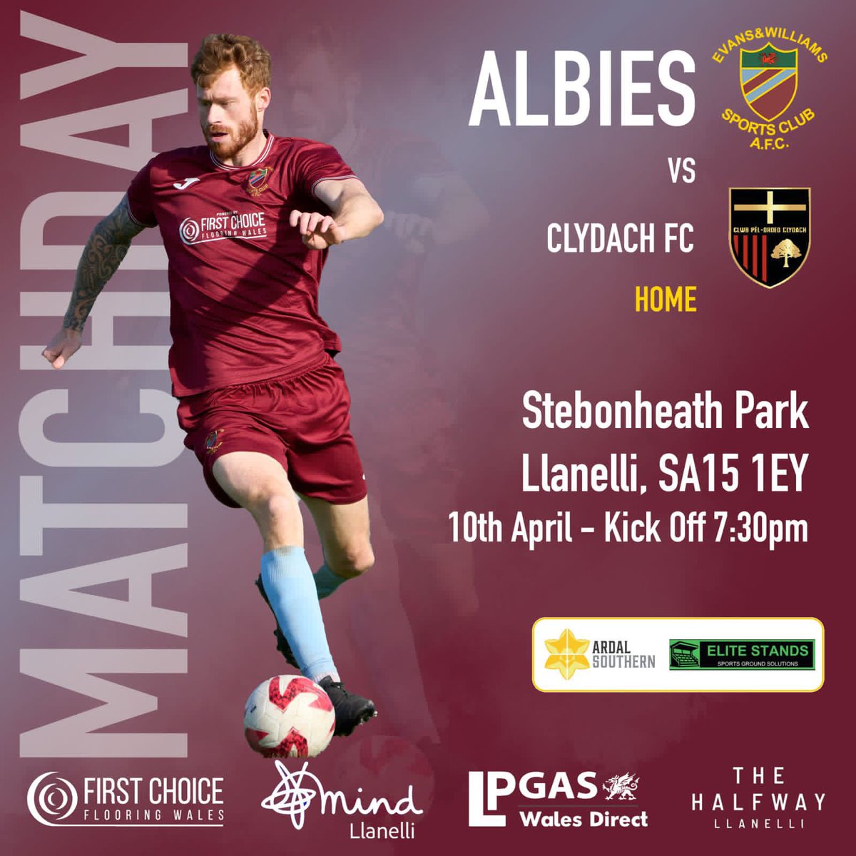 𝙈𝙖𝙩𝙘𝙝𝙙𝙖𝙮 𝟮𝟲

🆚 <a href="/ClydachFC/">Clydach Football Club</a> 
🗓️ Friday 10th April
🕣 Kick off : 7:30pm
📍 Stebonheath Park, Llanelli, SA15 1EY.
🎟️ £5 - Adults/£3 - 65+/£2 - U16
🍻 Post match, The Halfway Llanelli

Friday night under the lights, where we welcome Clydach FC to Stebonheath Park #Albies