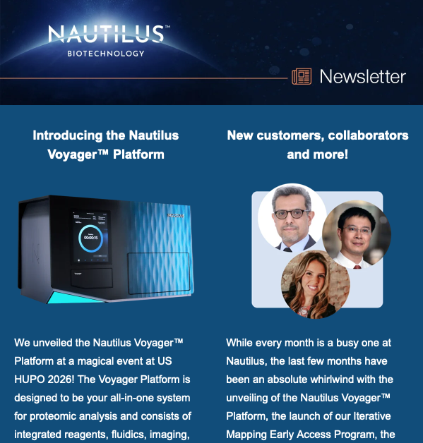 NautilusBio's tweet photo. The latest Nautilus Newsletter is live. Check it out to:

🔵 Meet the Nautilus Voyager™ Platform
🔵 Learn more about new customers, collaborators, and company leaders
🔵 Discover the latest from US HUPO 2026
🔵 Find Nautilus at upcoming events

https://t.co/NrMFZihQBp https://t.co/MLyWw9DvEQ