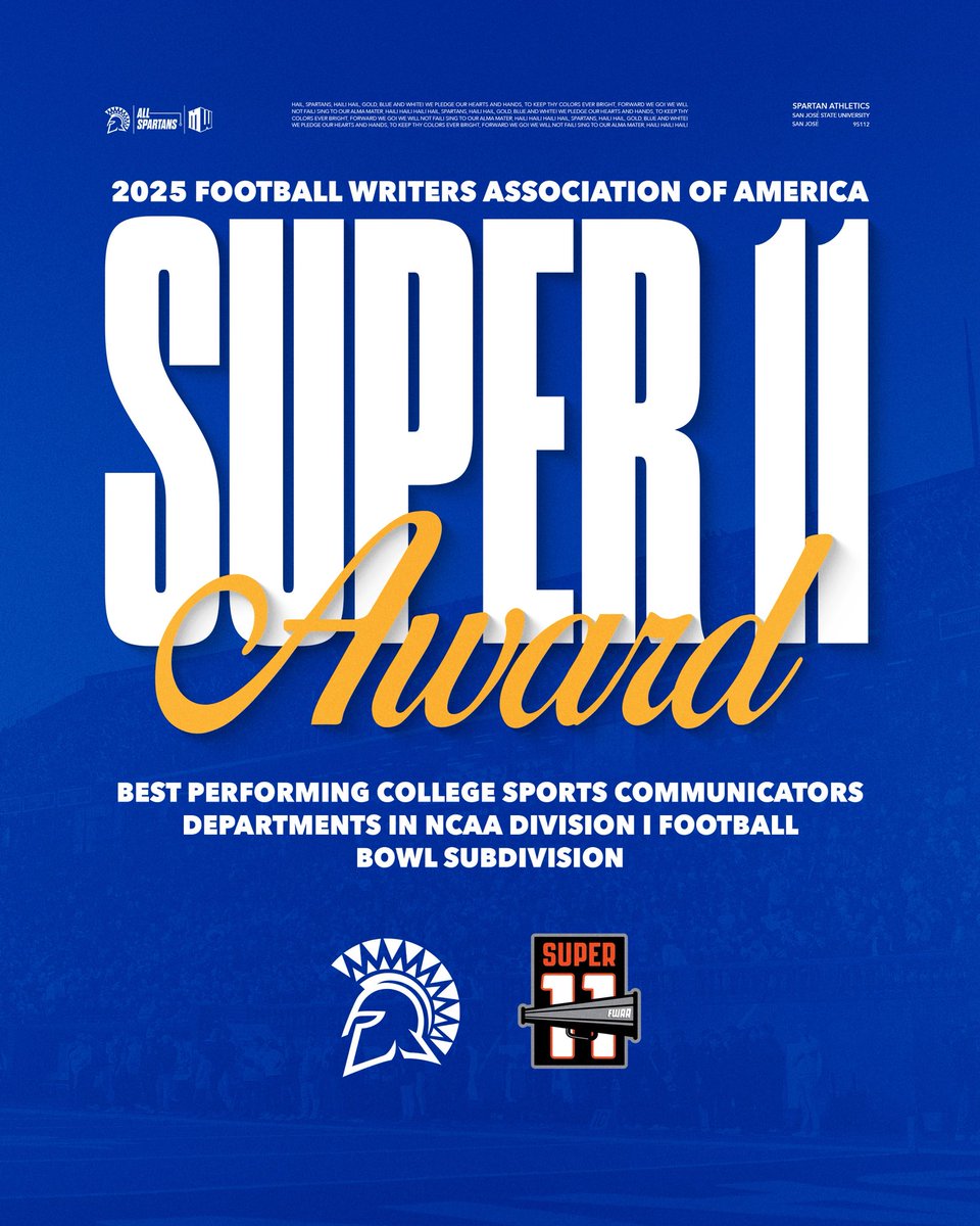 Best of the Best 🏆

Incredibly proud of our Communications team for earning the prestigious <a href="/TheFWAA/">Football Writers Association of America</a> Super 11 Award, honoring the best-performing Football College Sports Communicators departments in the nation!

#ThisIsSparta | #AllSpartans
