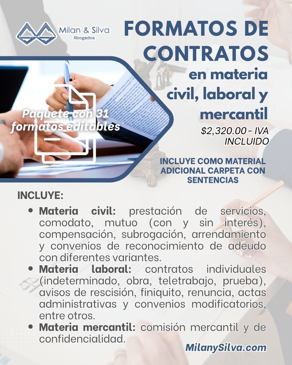 📁 ¿Necesitas #contratos listos para usar y bien estructurados? Obtén el Paquete con 31 formatos de contratos #editables en materia #civil, #laboral y #mercantil ⚖️ 
👉milanysilva.com/producto/forma…
📲 WhatsApp 229 978 0197
☎️ 229 939 66 60 / 229 167 4514

#actualizandome <a href="/MilanSilva17/">Mario Milan</a>