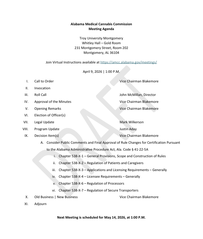 RampAlabama's tweet photo. 🚨 AMCC Meeting Today, 4/9/2026, @ 1PM Key updates on Alabama’s medical cannabis rollout (SB46) may be discussed.
👀 Watch live:  https://t.co/lp2swGUH1G
Stay informed. https://t.co/q97wEuIeDt