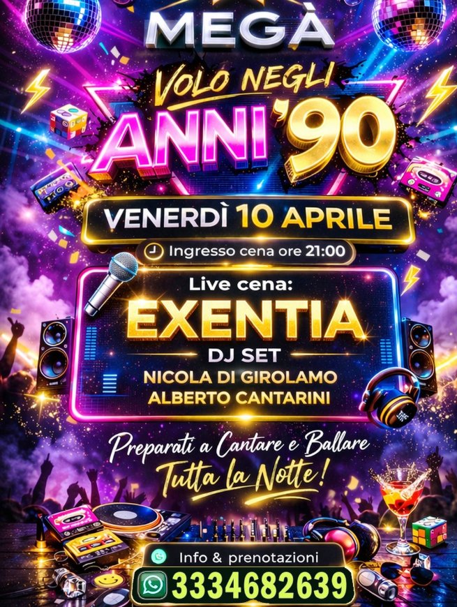 freketeve's tweet photo. #Venerdi 10 ➡️#Serata ANNI9️⃣0️⃣ a 📍#MEGÀ #Pescara🐬 INFO WhatsApp✍️ ☎3334682639 🍝#Cena 🥁#Live e 💃#Ballo con #Concerto ⭐#EXENTIA😍 €30 tutto incluso😜

#Evento con tanta bella gente🌞 e la magica🪄 atmosfera #anni90 che Apre i Cuori💞 li colma di Gioia🥳 Nutre la tua Anima https://t.co/7HiK3yky30