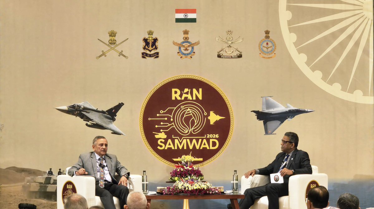 nitingokhale's tweet photo. All discussions on Exercise Tiranga (the name for deliberations and discussions on establishing Integrated Theatre Commands between the CDS and the three service chiefs over three years) have concluded, CDS Gen Anil Chauhan tells me at the Fireside chat at the end of Day I of Ran Samwad 2026. Admits there are still some differences but says the final plan will now be presented to the Raksha Mantri and then to the CCS before operationalising the Theatre Commands. The entire hour-long chat will be made available by @HQ_IDS_India soon. @BharatShaktiBSI @StratNewsGlobal