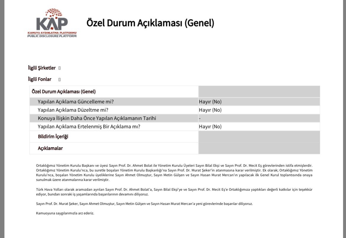 ekonomibeyni's tweet photo. Türk Hava Yolları Yönetim Kurulu Başkanı Prof. Dr. Ahmet Bolat ile Yönetim Kurulu Üyeleri Bilal Ekşi ve Prof. Dr. Mecit Eş görevlerinden istifa etti. #THYAO 

Boşalan Yönetim Kurulu Başkanlığı'na Prof. Dr. Murat Şeker atanırken; Ahmet Olmuştur, Metin Gülşen ve Hasan Murat Mercan'ın ise yapılacak ilk Genel Kurul'da onaya sunulmak üzere Yönetim Kurulu Üyesi olarak atanmalarına karar verildi.