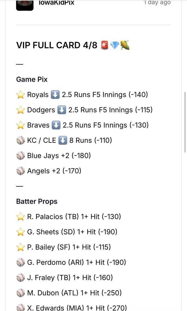 BettingPix's tweet image. VIP CARD + REVIEW 4/8 📝💎🌽

9 - 3 (75%) 🤝💸 (Favorites: 5 - 1)

28 - 5 (Last 3 Days) 🔥👀

⭐️ MLB: 62 - 20 (76%)
⭐️ NCAAB: 438 - 209 (69%)
⭐️ NBA: 43 - 24 (64%)

⚾️ Batter Props: 6 - 0 (100%) 🧹

Join The VIP Team Using The Link In Our Bio! 👆

#Gambling #FreePlays #VIP #IKP