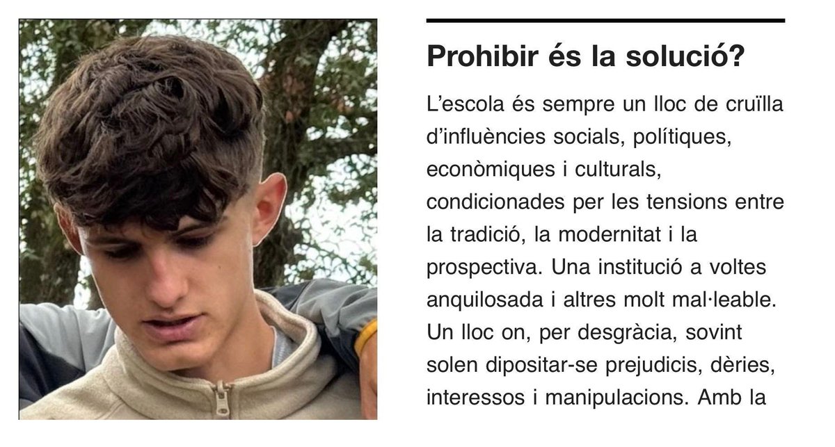Edu21_cat's tweet photo. “Prohibint els mòbils a l’escola no s’anul·len els seus efectes també a l’escola, perquè els alumnes hi continuaran lligats en la majoria d’hores que passin fora dels centres”

https://t.co/8qysN3bTU8 per @EnricRocaC al 122è #ButlletíEdu21 https://t.co/jdEwezpuWn